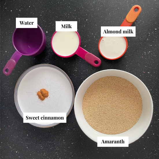 Amaranth porridge ingredients with respective labels