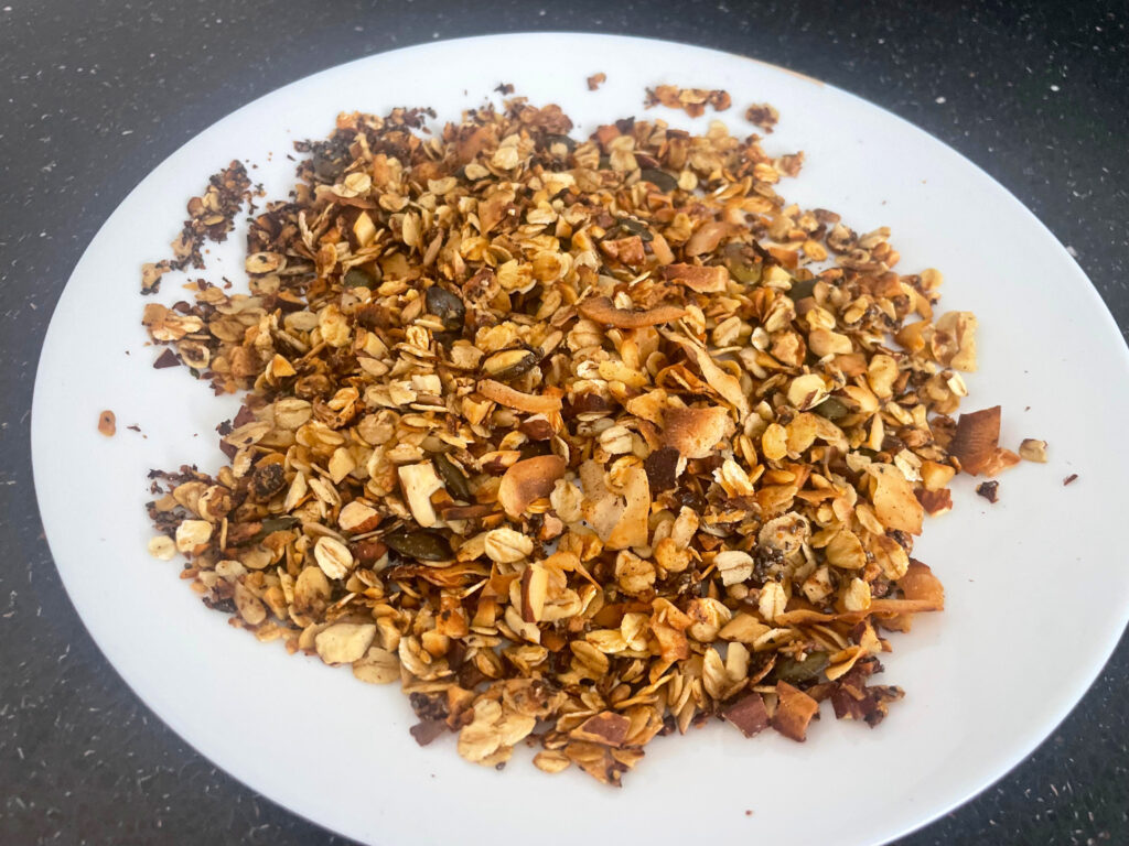 Arial view of Homemade stovetop  Granola on white plate