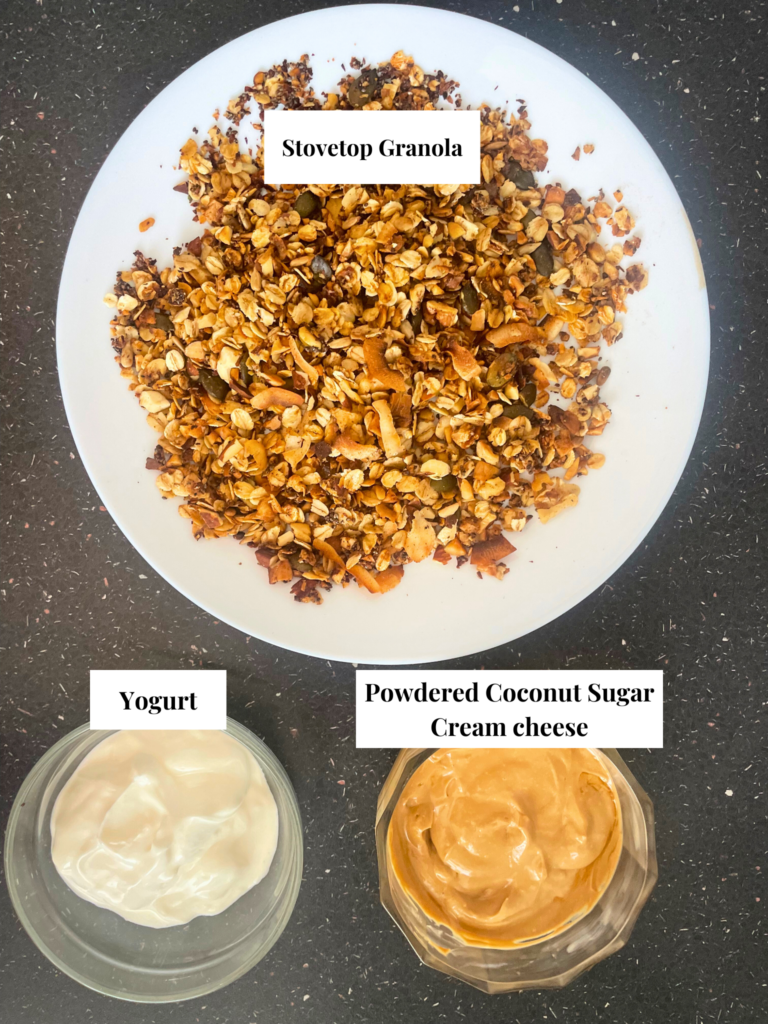 Ingredients for Coconut sugar cream cheese yogurt pot with homemade stovetop granola