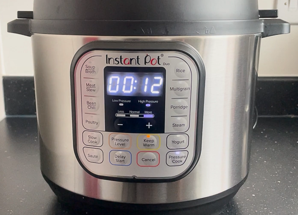 Instant pot with a timer for 12 minutes on high pressure