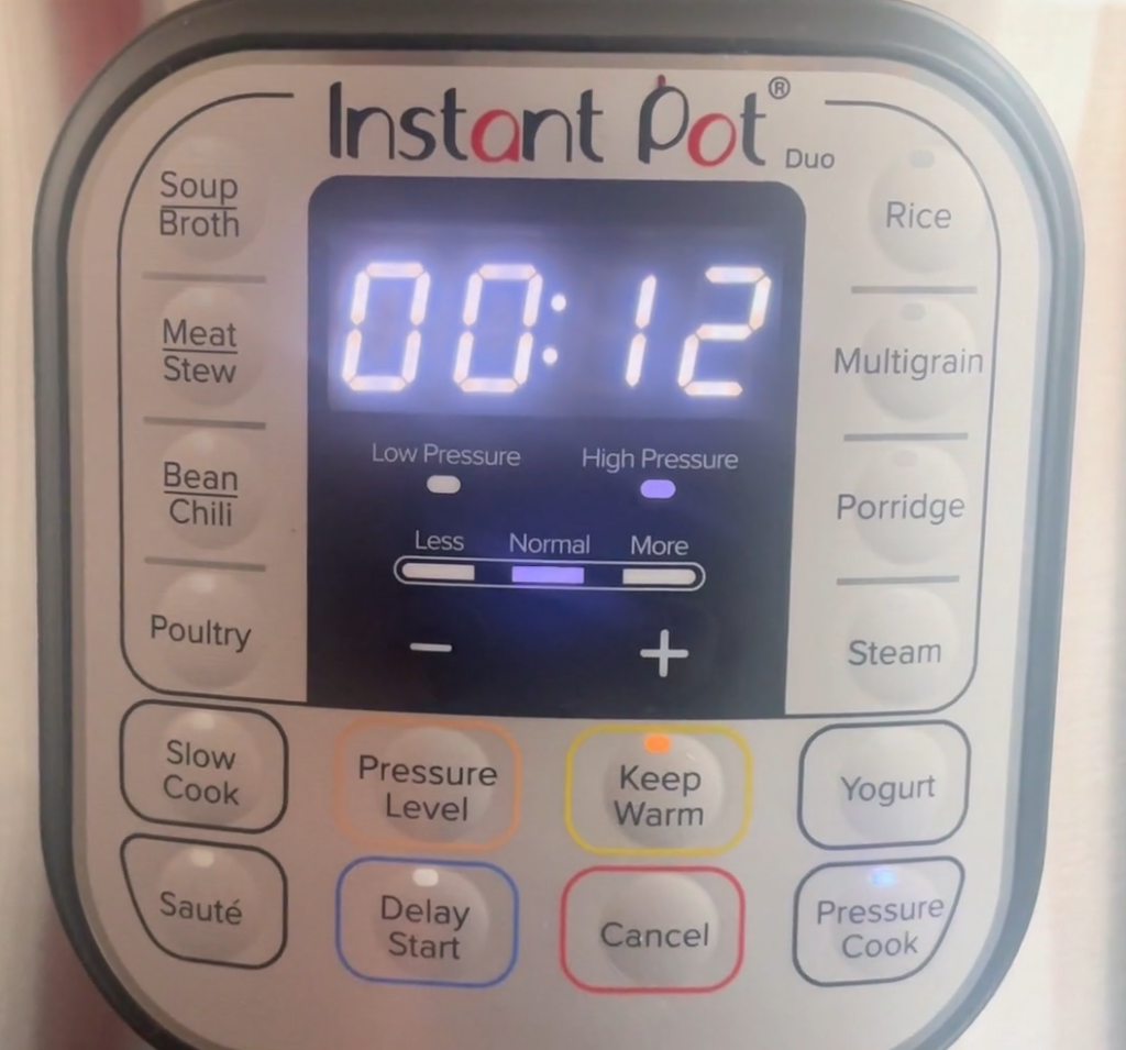 Instant Pot settings of 12 minutes High Pressure