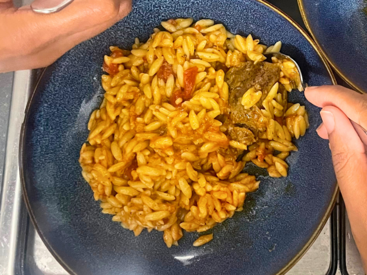 Lamb orzo plate with hand on spoon